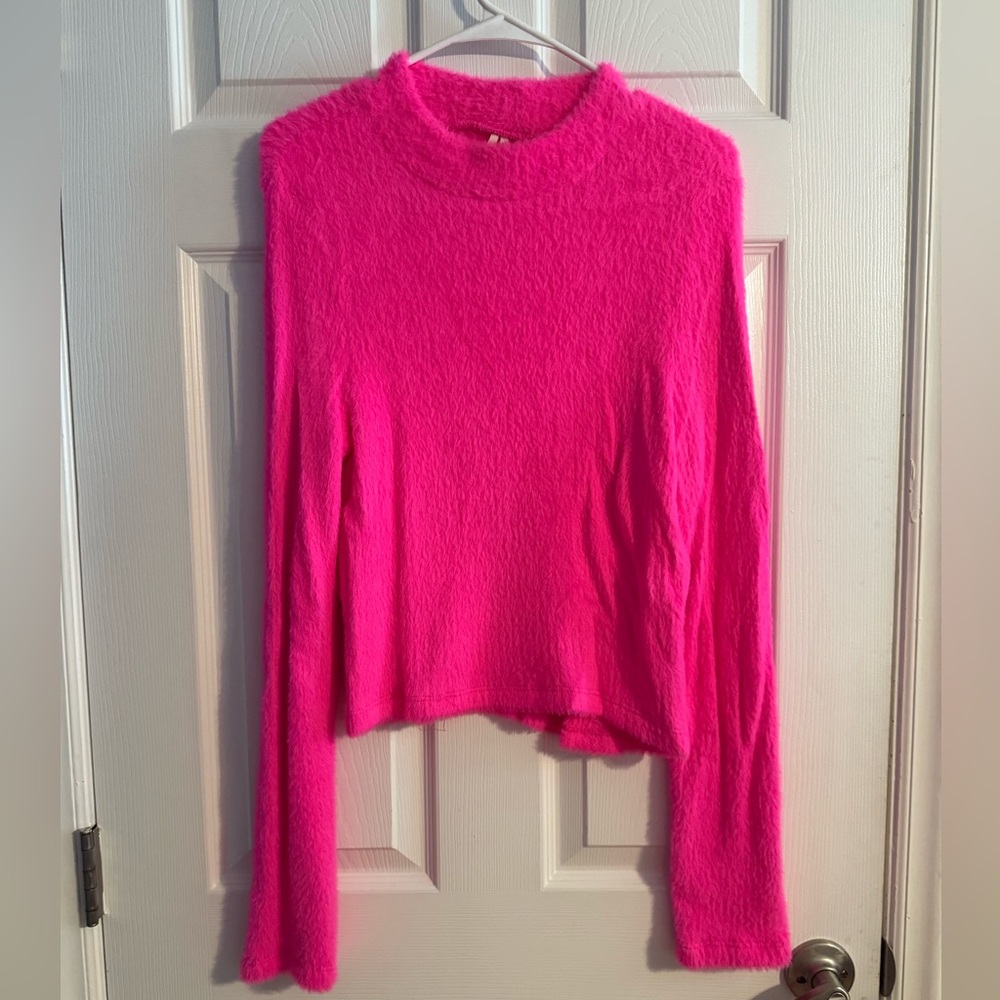 Anthropologie Fuzzy Neon Pink Sweater Size Large Soft Plush Cozy Top